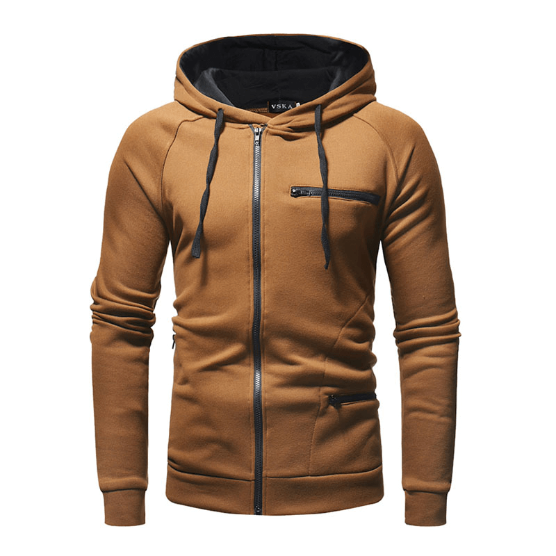Warm solid color long sleeves zipper hoodie for men, ideal for casual wear and gym, brown in color.